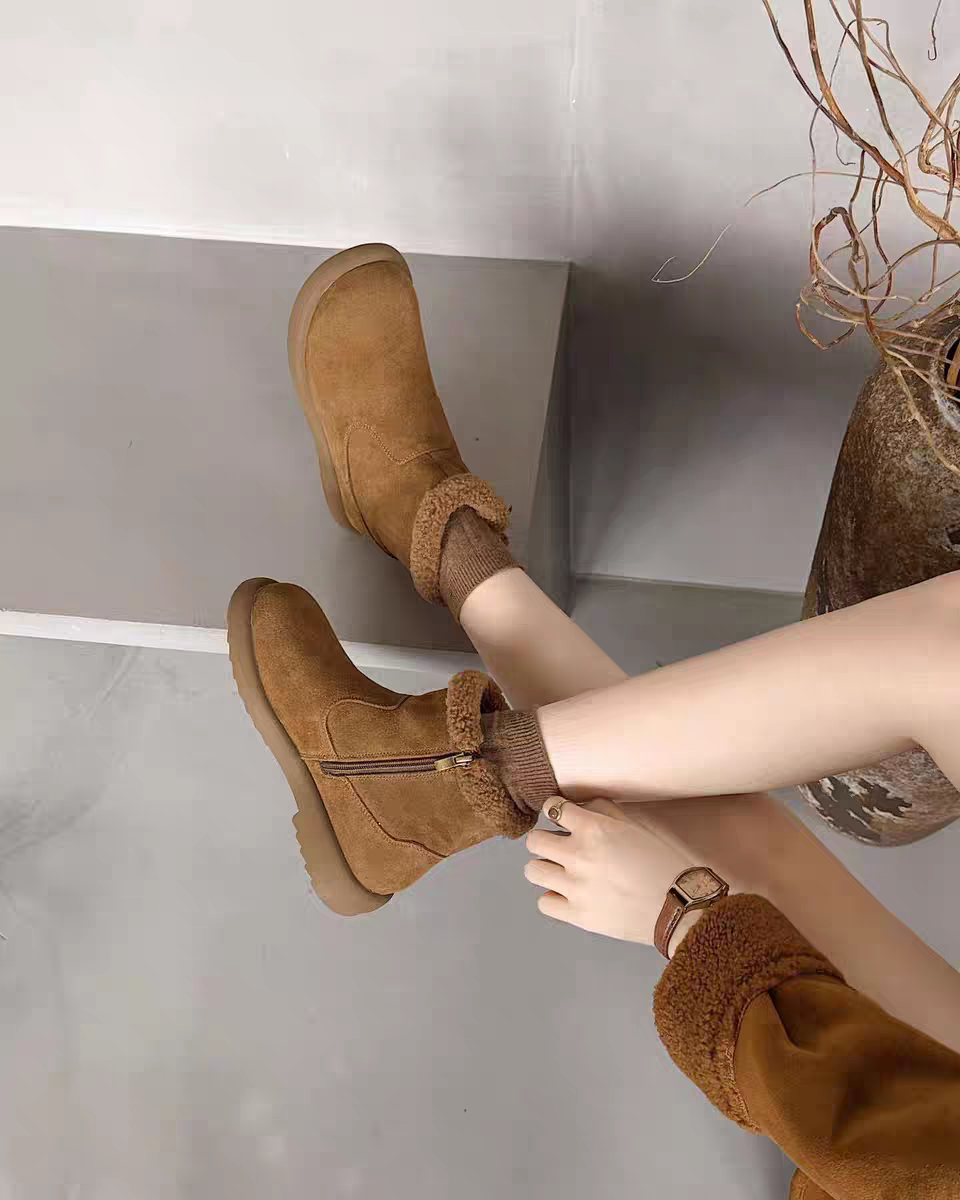 专柜正品娇娅媚妮2025新商场同款牛反皮羊羔毛厚底拉链勃肯雪地靴