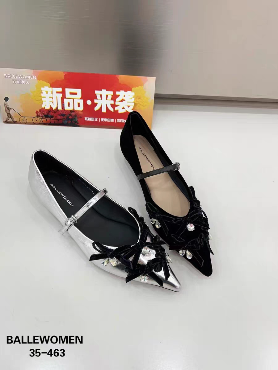 专柜正品百丽女人2025新款商场同款牛皮蝴蝶结尖头水钻玛丽珍单鞋
