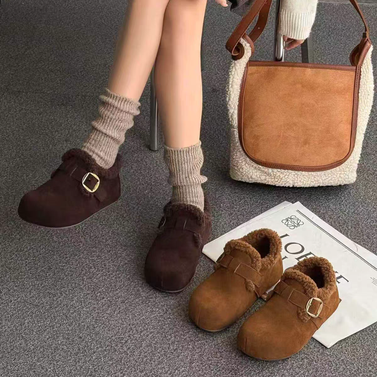 专柜正品娇娅媚妮2025新商场同款羊羔毛皮带扣加绒勃肯雪地靴