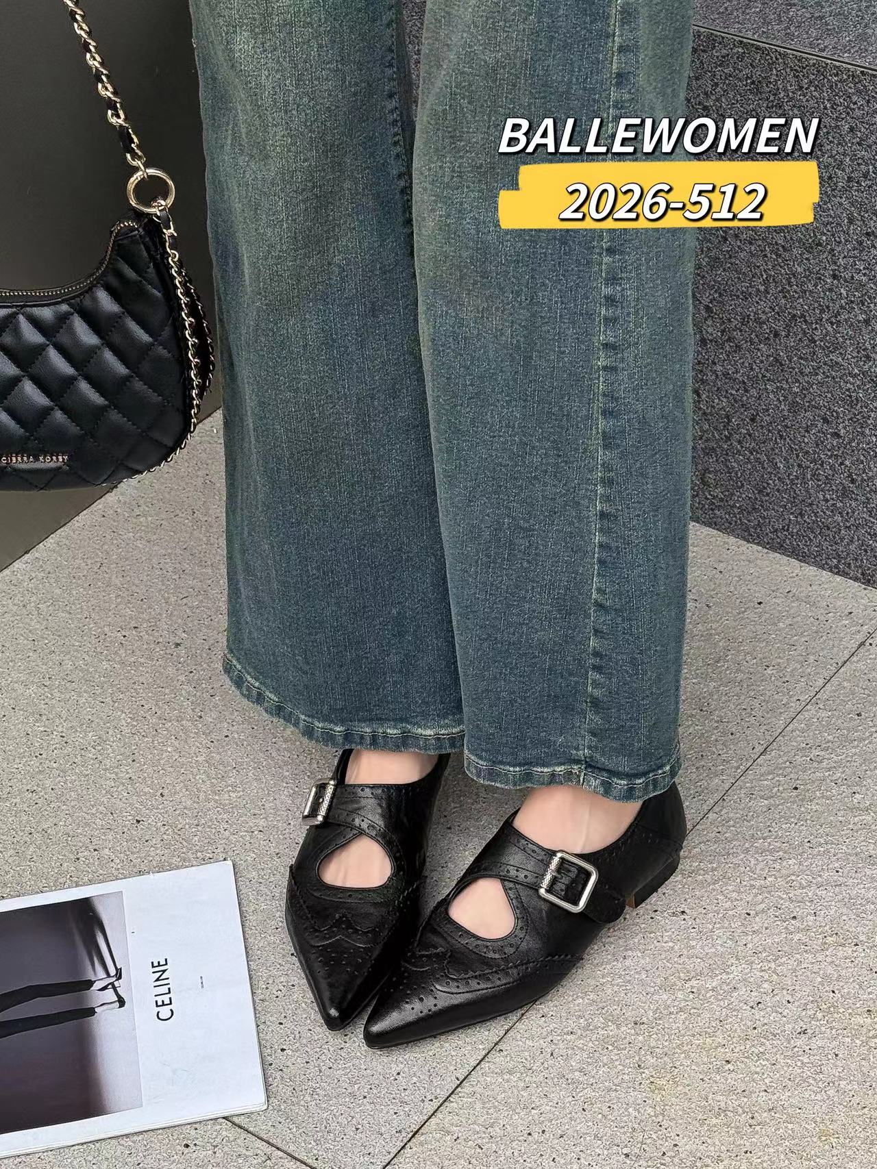 专柜正品白丽女人2026新款胎牛皮雕花尖头平底单鞋女鞋