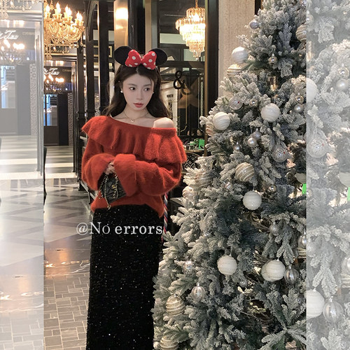 【12/28 10:00新品开售 喜欢先加购！】荷叶边斜肩两穿兔毛毛衣