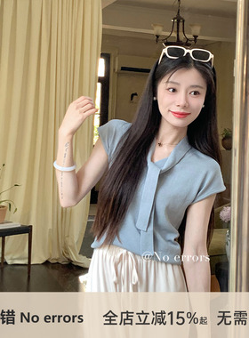 不出错No errors 温柔姐姐 蝴蝶结飘带冰丝修身短袖上衣