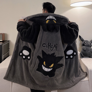 卡通青少年家居服套装 珊瑚绒浴袍睡衣男加长款 加厚睡袍男士 秋冬季