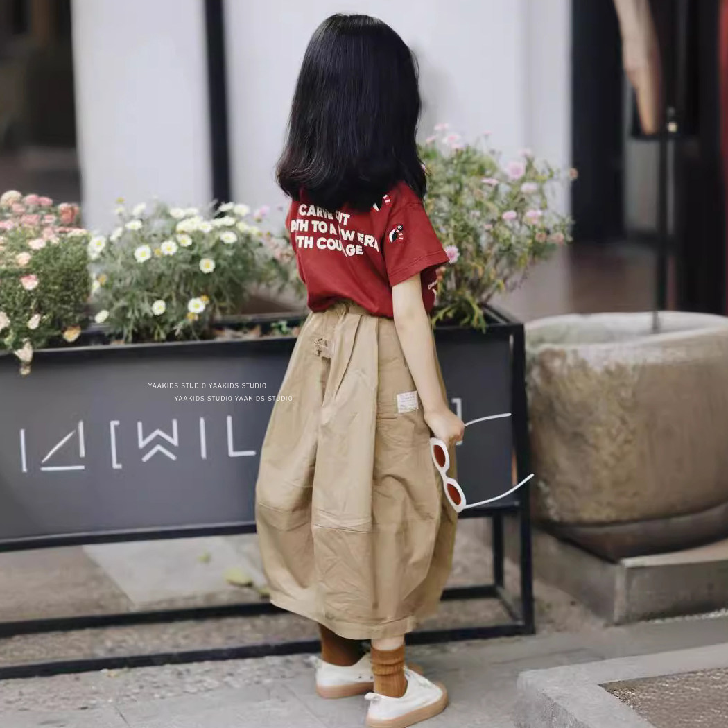 春夏女童T恤纯棉短袖企鹅上衣日系工装风女孩半身裙灯笼裙亲子