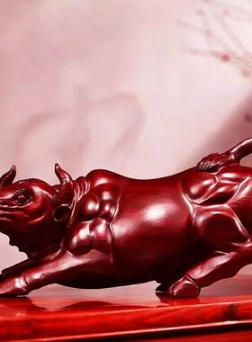 绿色木质雕牛摆件生肖华尔街牛家居装饰客厅开业实红木质工艺礼品