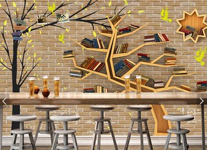 现代简约无纺布大树书架电视背景墙书屋书店培训机构墙纸壁纸壁画