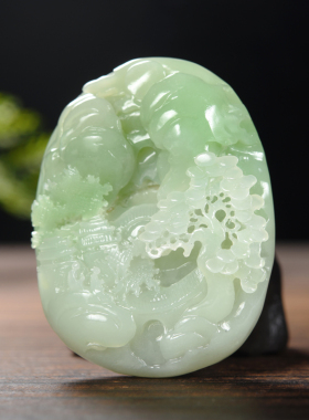 和田玉白玉带翠山水意境摆件