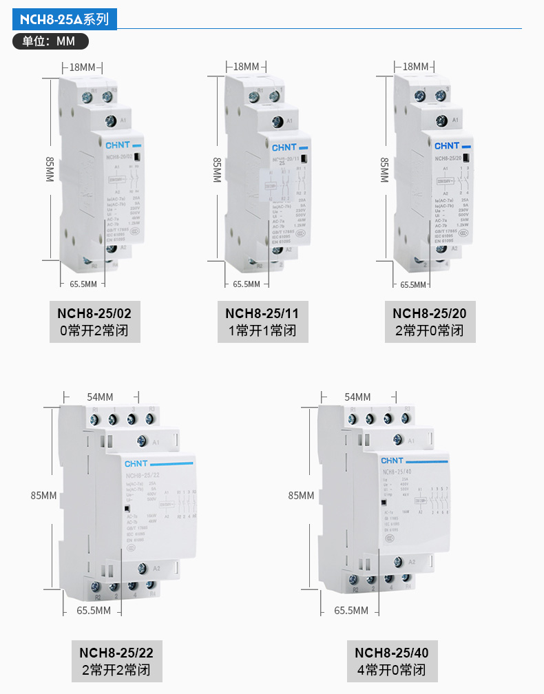 正泰家用小型单相交流接触器NCH8 220V导轨式二常开常闭25A40A2P