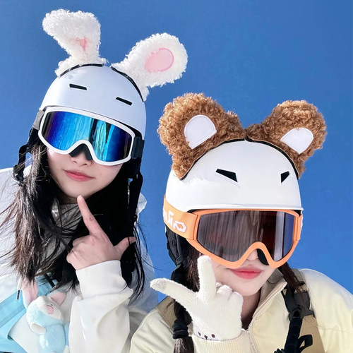 滑雪头盔卡通泰迪卷电动车头盔毛绒兔耳朵装饰品摩托车盔机车通用