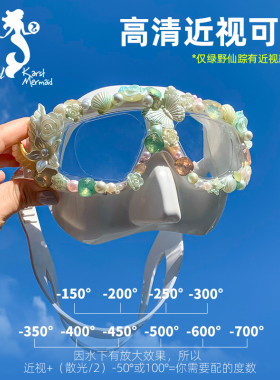 FRENZEL法兰左 自由潜水面镜美人鱼近视手工镶花浮潜面罩游泳眼镜