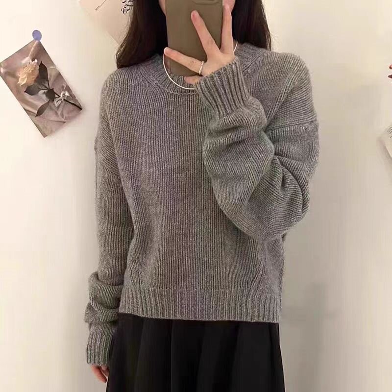 2024高端显瘦圆领羊绒衫女秋季新款慵懒宽松加厚羊毛软糯粗线毛衣