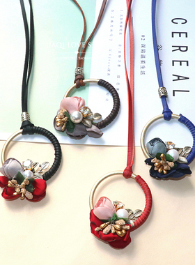 民族风花朵长款韩版棉麻吊坠项链