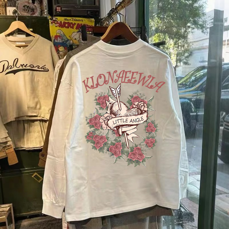 300克重磅纯棉!秋冬潮牌长袖T恤男美式休闲玫瑰花打底衫上衣女