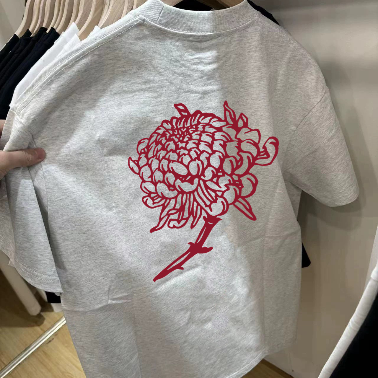 海外订单尾货~潮流短袖T恤男红花印花宽松上衣纯棉重磅夏季半袖女