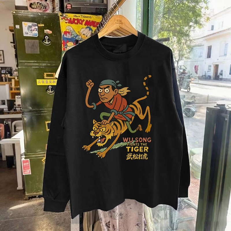 外贸出口~秋冬潮牌长袖T恤男武松打虎中国风纯棉重磅打底衫上衣女