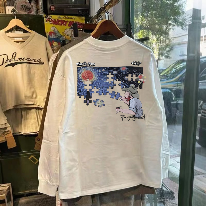 外贸出口~秋冬潮牌长袖T恤男点亮星空梵高宽松打底衫情侣上衣女