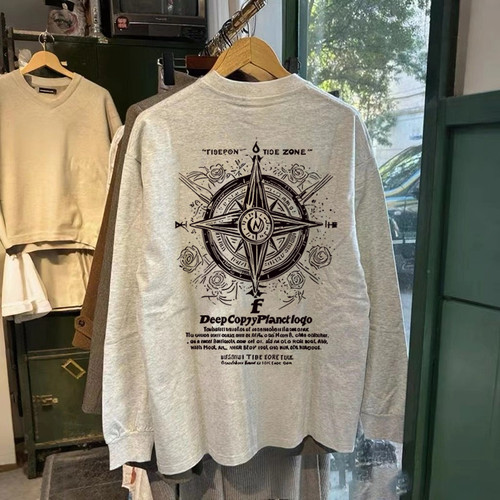 300克重磅纯棉！秋冬潮牌长袖T恤男手绘指南针美式休闲打底衫上衣