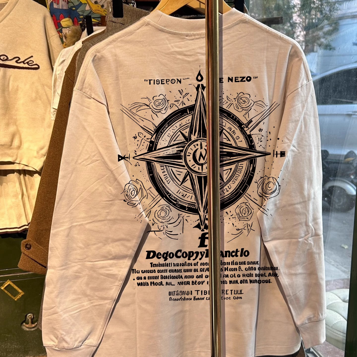 海外订单~秋冬潮牌长袖T恤男美式纯棉重磅指南针宽松打底衫上衣女