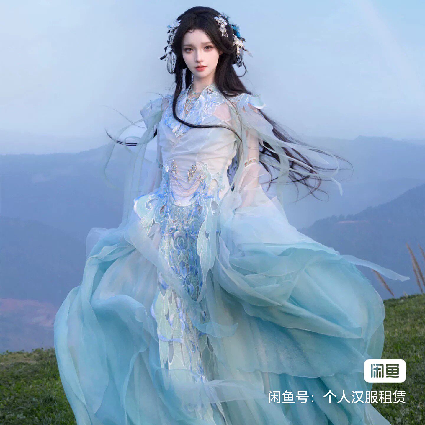顺丰【租】蓝月神子颂·东方美学游园惊梦古风重工连衣裙