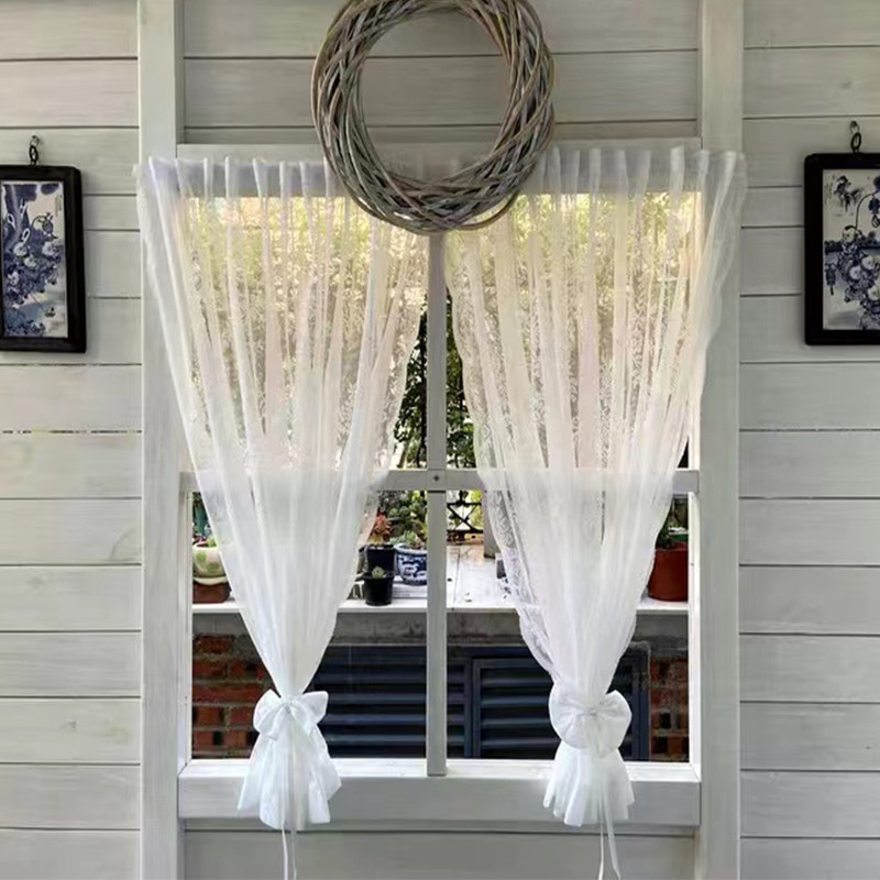 窗帘女生卧室自粘式白色蕾丝纱帘奶油风洛可可美式短帘公主房小窗