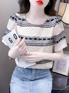 宽松高腰洋气减龄条纹体恤 圆领刺绣雪纺衫 女士短袖 夏装 2024新款