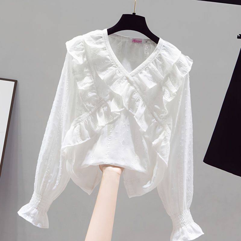 雪纺白衬衫女装春装春秋2023荷叶边打底小衫长袖上衣洋气欧货
