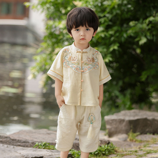 2025年夏季新品男童两件套装短袖中国风汉服古装古风刺绣唐装山君