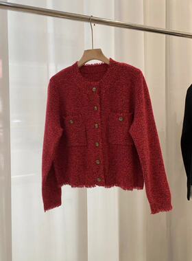 羊绒羊毛时尚红色短款外套女 粗花呢小香风毛须边针织开衫秋