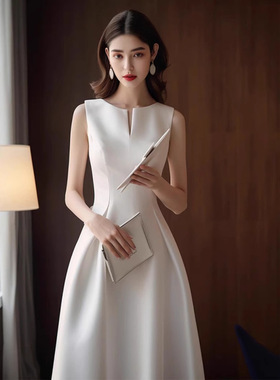 法式气质名媛礼服2026夏新款茶歇高端女神范高级感白色无袖连衣裙