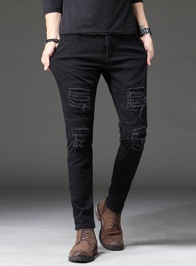 Men's black patchwork stretch biker jeans Slim fit ripped 42