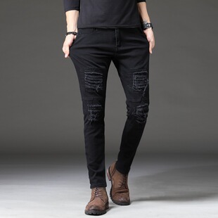 jeans black ripped fit Slim biker stretch patchwork Men