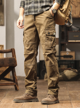 Vintage Spliced Cargo Pants Cotton men Straight Casual Khaki