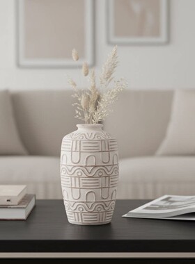 侘寂风陶瓷几何雕刻花瓶客厅桌面摆件白色装饰品