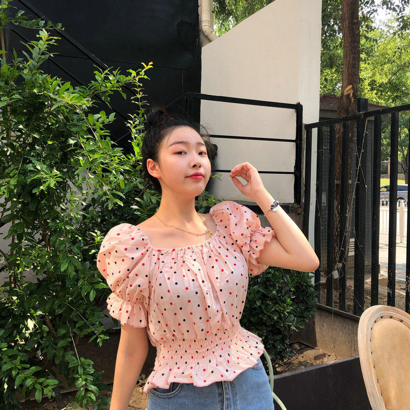 「MoMoWoAi 嗳呗」複古綠粉格子溫柔粉色波點泡泡袖壹字領上衣在類目 女裝/女士精品, 蕾絲衫/雪紡衫中 - 來自Buy2taobao.com提供專業的淘寶代購服務