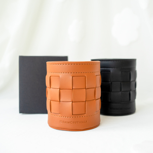 包邮!修丽可专柜赠品笔筒 棕色化妆桶 化妆工具收纳桶PU皮质感好