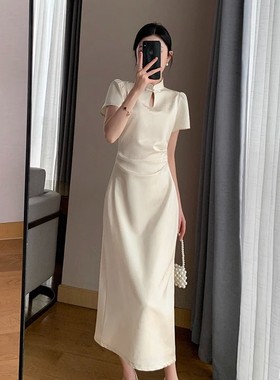 新中式米白色连衣裙女