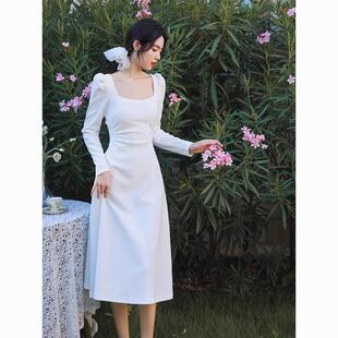 白色长袖连衣裙子女春秋法式小个子高级感礼服领证小白裙收腰长裙