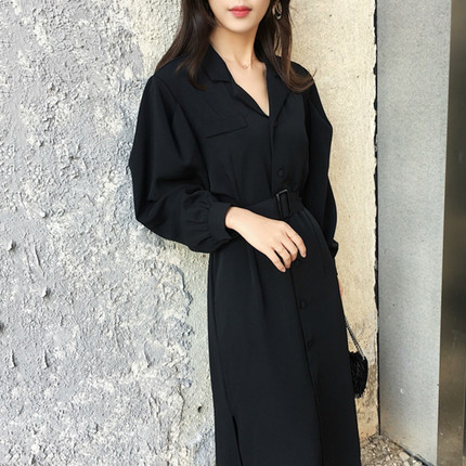 赫本风长袖黑色西装连衣裙收腰显瘦气质复古法式新款长裙子女秋冬