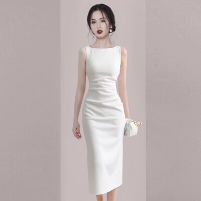 白色吊带连衣裙高级礼服女