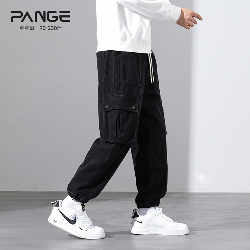 胖胖哥系带工装口袋束脚裤男秋季大码宽松运动休闲裤痞帅阔腿裤子