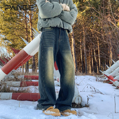 胖胖哥猫须加绒牛仔裤男冬季加厚慵懒风保暖阔腿裤宽松大码直筒裤