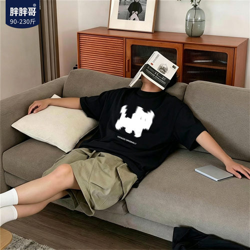 胖胖哥摇头动感猫短袖t恤男夏季大码慵懒感宽松加大纯棉五分袖潮