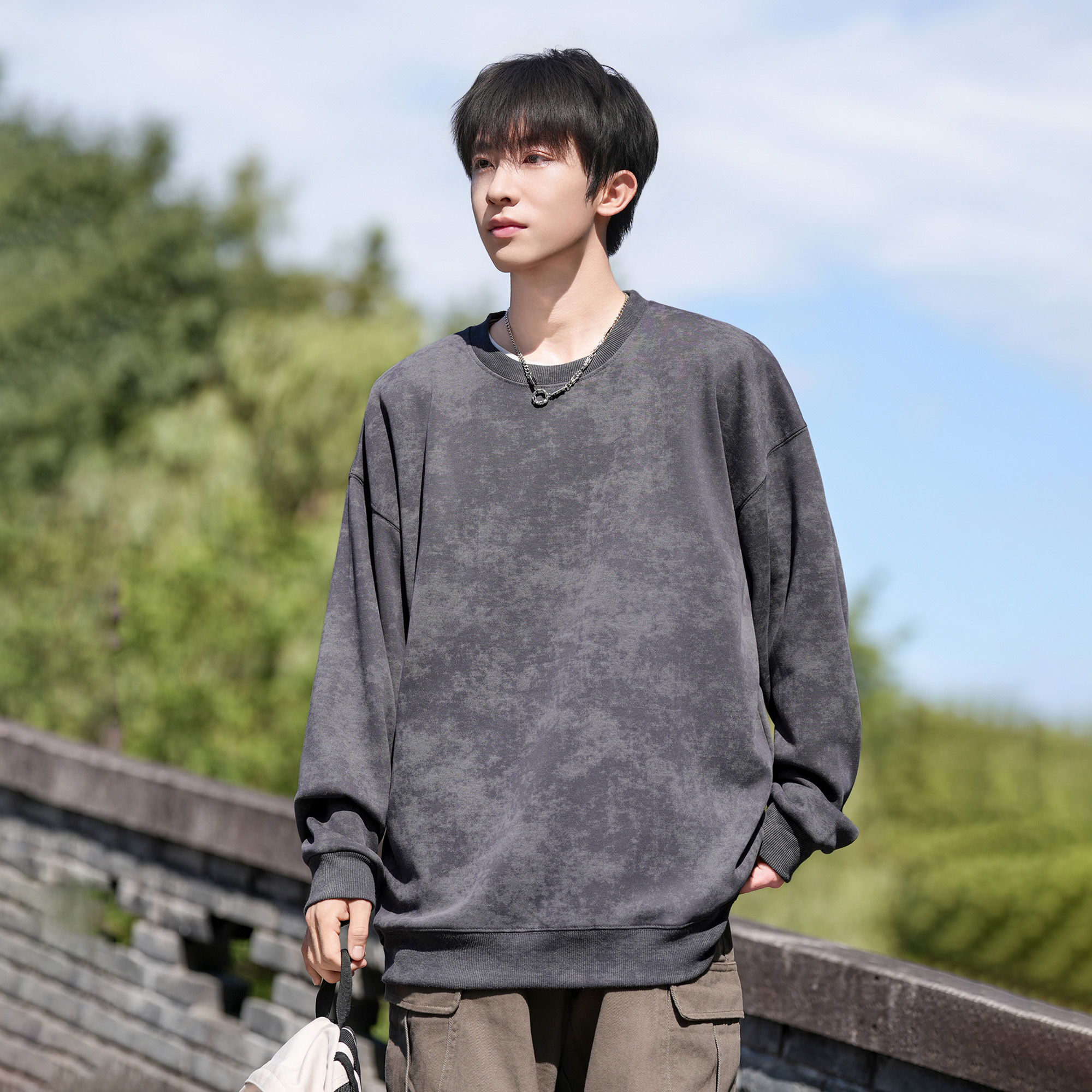 胖胖哥扎染做旧圆领卫衣男款秋季宽松大码美式圆领打底衫上衣潮