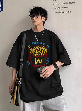 胖胖哥美式薯条彩线纯棉短袖T恤男夏季宽松大码圆领男生五分袖潮
