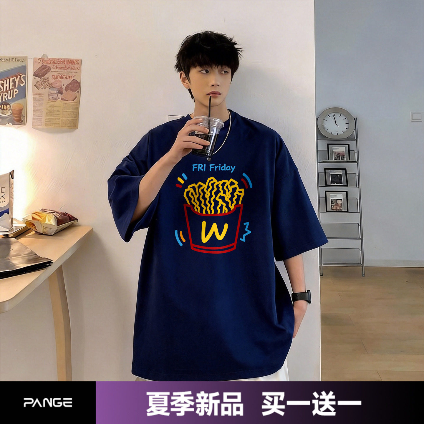 胖胖哥线条薯条圆领印花短袖T恤男夏季宽松大码纯棉男生百搭半袖