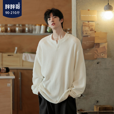 胖胖哥长袖大码小v领T恤高级感