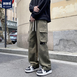 大码 男春季 宽松美式 冲锋裤 胖胖哥军绿色工装 胖子潮牌秋休闲裤 裤