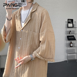 胖胖哥港风潮牌提花袖镂空古巴领衬衫男春季大码宽松休闲百搭衬衣