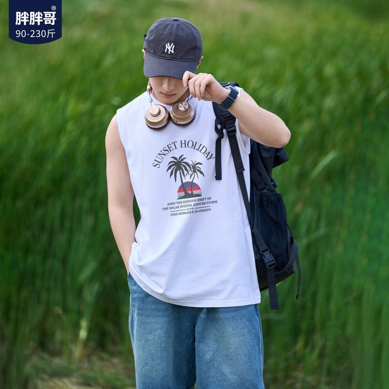 胖胖哥美式沙滩背心男士夏季新款坎肩大码宽松痞帅纯棉无袖T恤潮