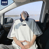 百搭学院风宽松休闲半袖 胖胖哥条纹撞色POLO领短袖 大码 新款 男夏季